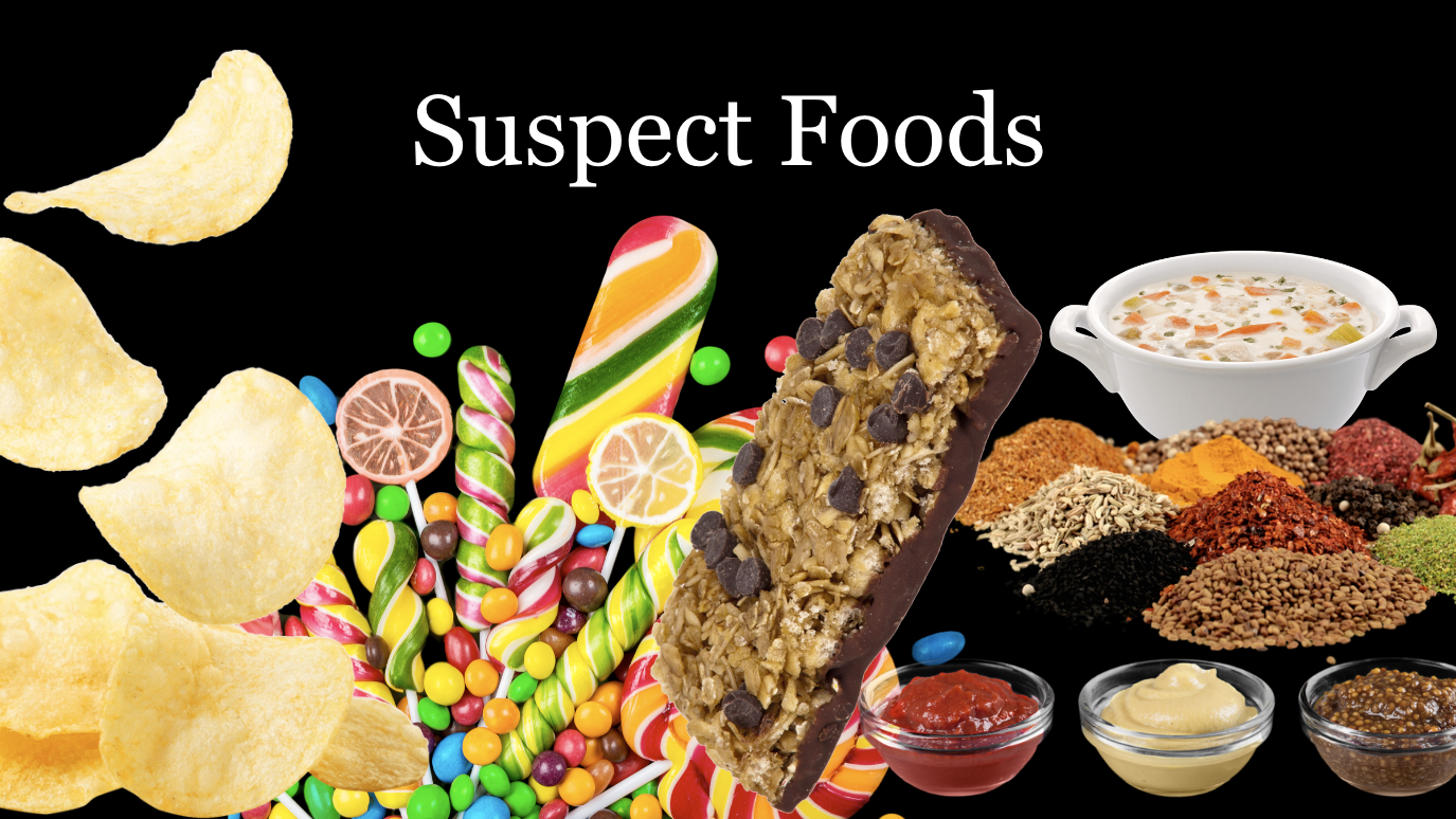 Various common but unassuming food items that can often contain gluten, which are referred to as suspect foods.